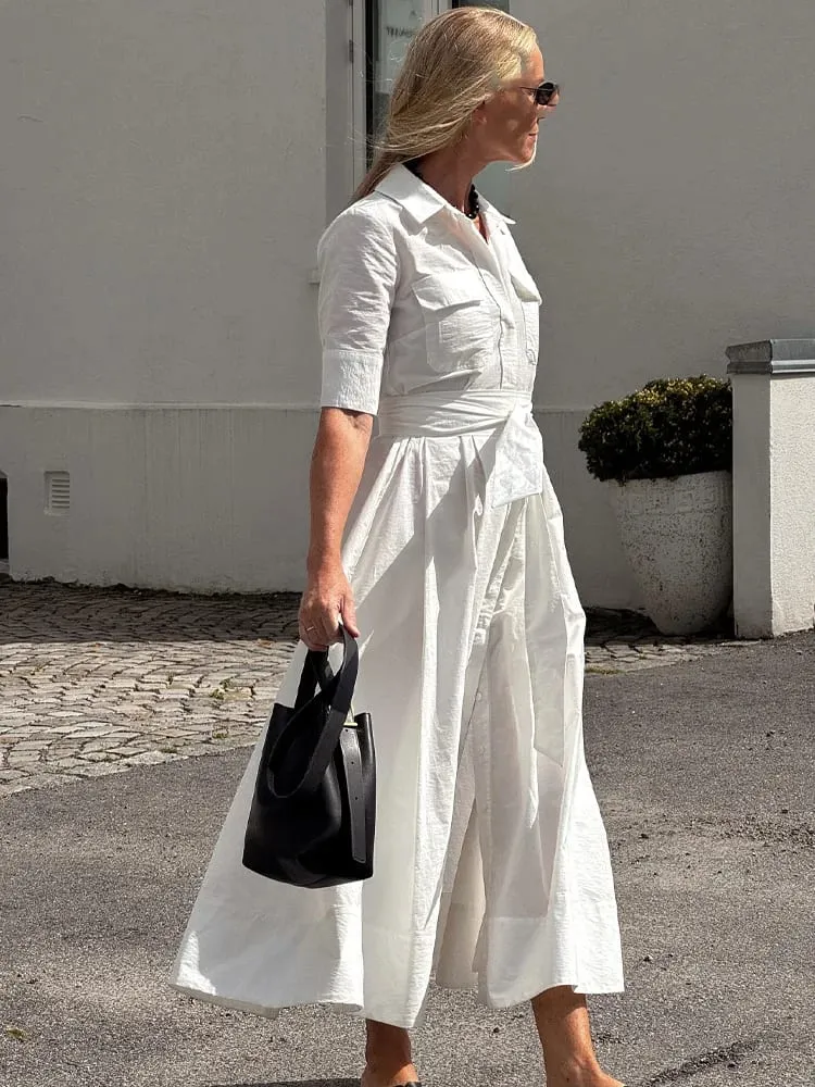 HH Women Summer Lapel Short Sleeve Pocket Single-Breasted Belt Decorate Midi Dress Female Fashion Shirt Style Pleated Dress