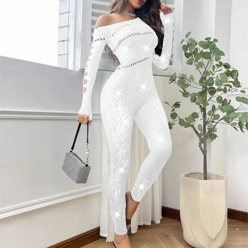 ผู้หญิงเซ็กซี่ตาข่าย Rhinestone Jumpsuit แขนยาวดูผ่านยืดถุงน่อง Jumpsuit Club PLUS ขนาดสต็อกชุดชั้นใน — image 2