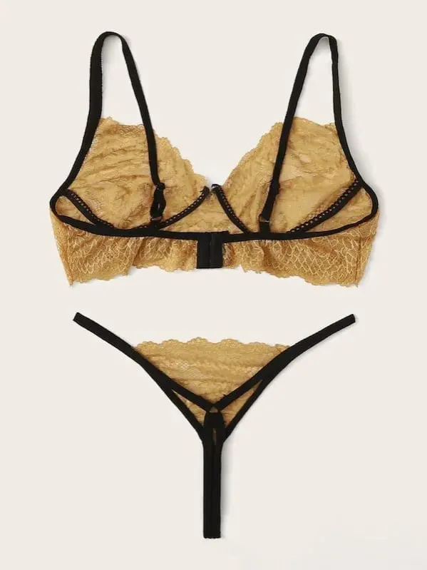 Sexy See through Lingerie Set with Suspender Transparent Bra And Panties for Young Women Fixed Strap Bralette Thin Cup Design