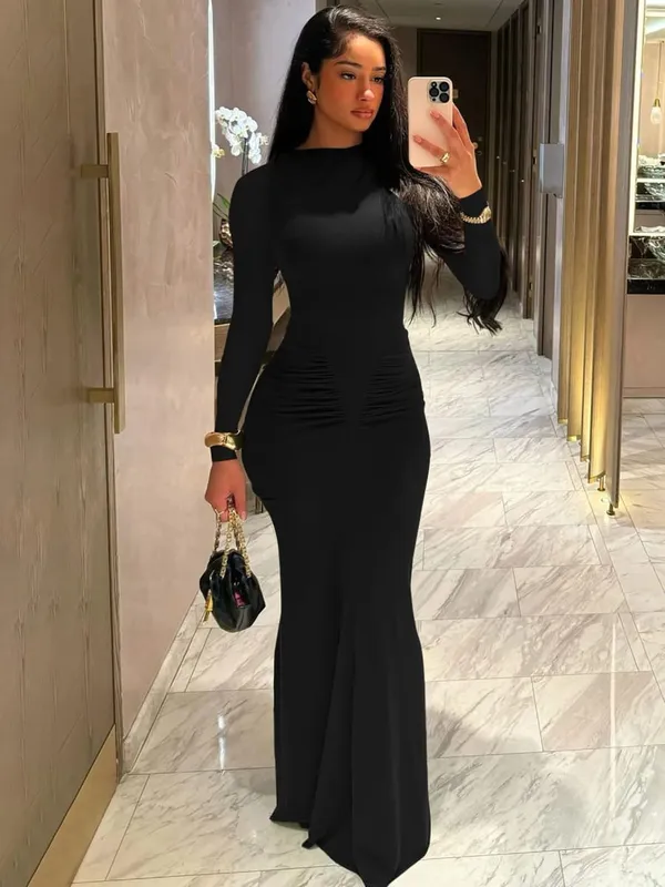 Hugcitar Autumn Solid Long Sleeve Draped Sexy Bodycon Maxi Prom Dress Women Fashion Y2K Outfits Evening Party Festival Club