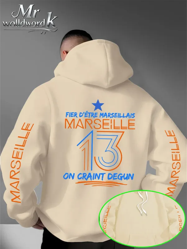 Мужская толстовка с капюшоном Marseille 13 City с несколькими принтами на рукавах и буквами сзади, осенне-зимняя флисовая свободная толстовка с капюшоном