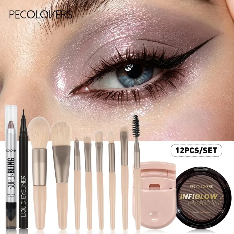 12PCS/SET Shimmer Eye Shadow Pen & Palette Liquid Eyeliner Lash Curler Eye Makeup Brushes Waterproof/Long Lasting