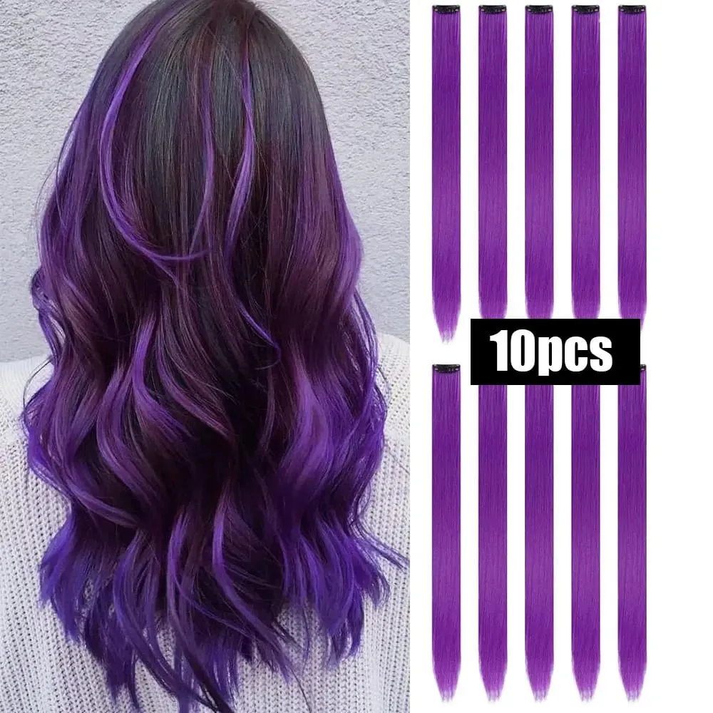 10 PCS Colored Hair Extensions Straight Hairpiece Multi-colors Party Highlights Clip in Synthetic for Women Girls Cosplay Gift