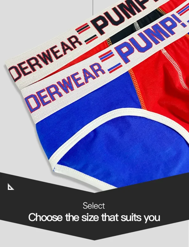 Men's Cotton Color Block Briefs, Pump! Logo Wide Waistband Low Rise Sexy 3D Convex Pouch Underwear