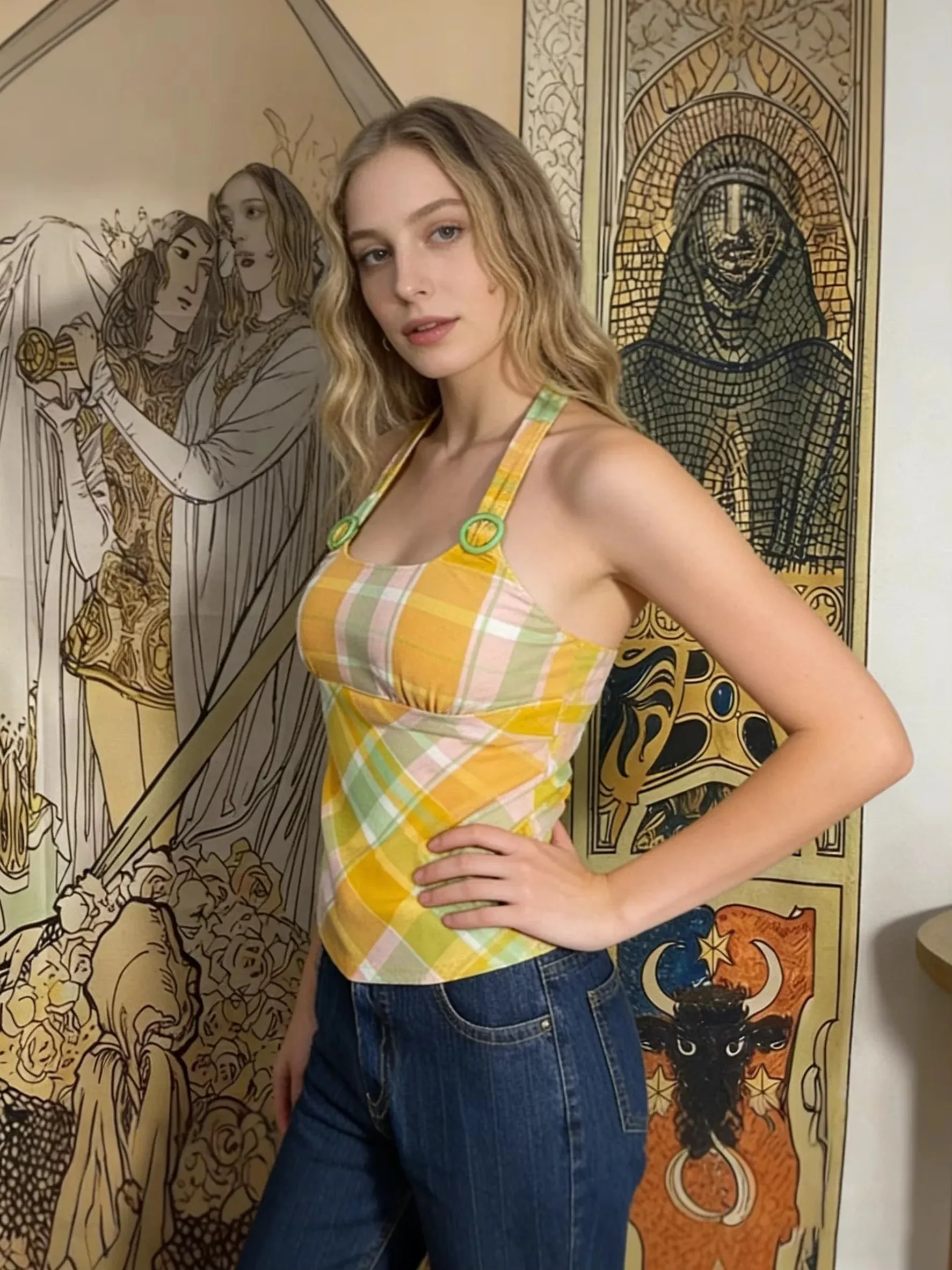 Retro Y2K Aesthetic Women Halter Cami Top Yellow Green Pink Plaid Print O‑Ring Ornament Tie‑Back Backless Slim‑Fit Cute Casual S
