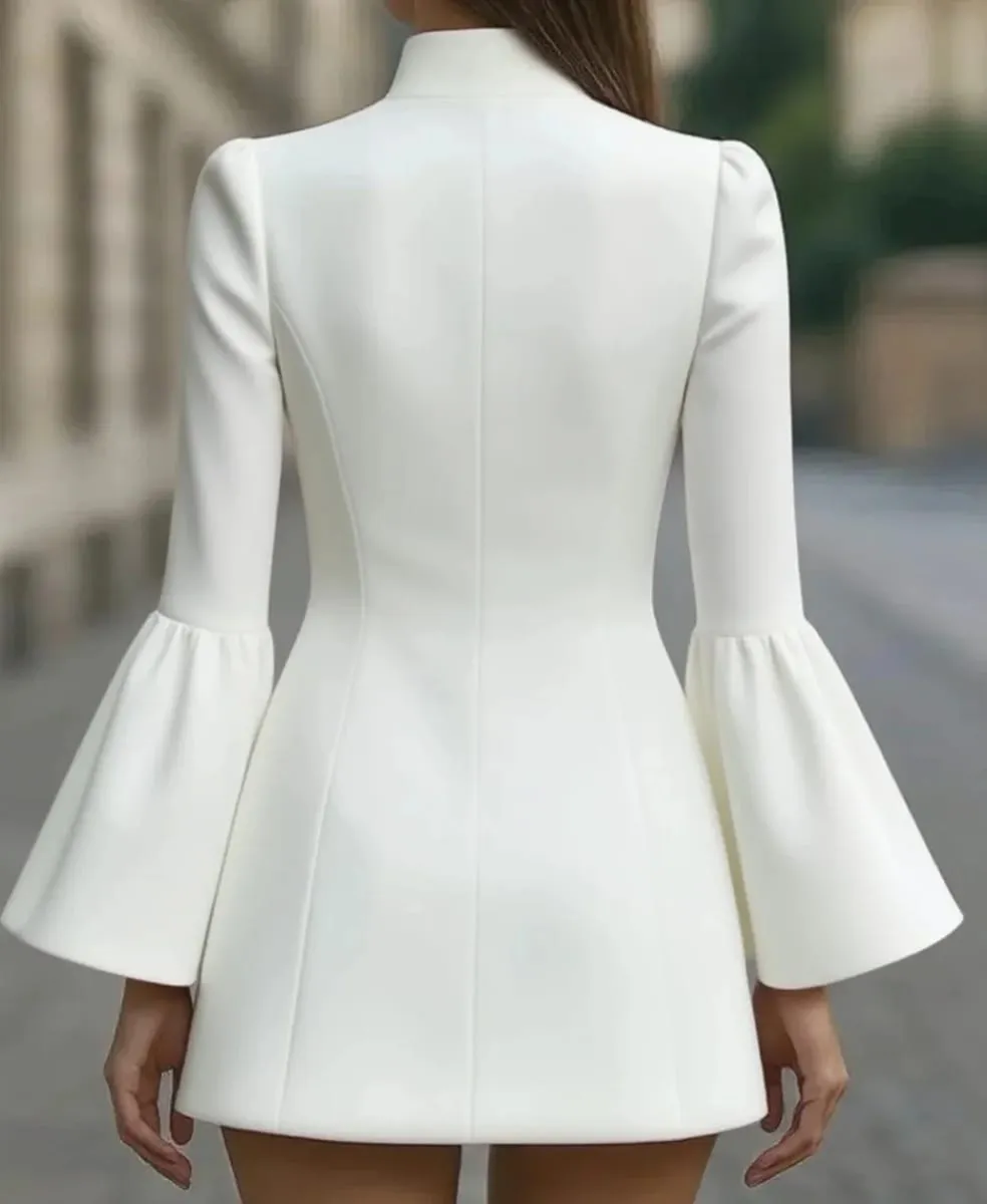 Autumn temperament slim solid colour stand-up collar flared sleeve single-breasted suit dress — image 2