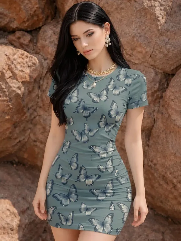 Womens Short Sleeve Bodycon Mini Dress Slim Fit Crew Neck Floral Print Casual Summer Party Cute Modern Stretch Clubwear Sundress — image 2