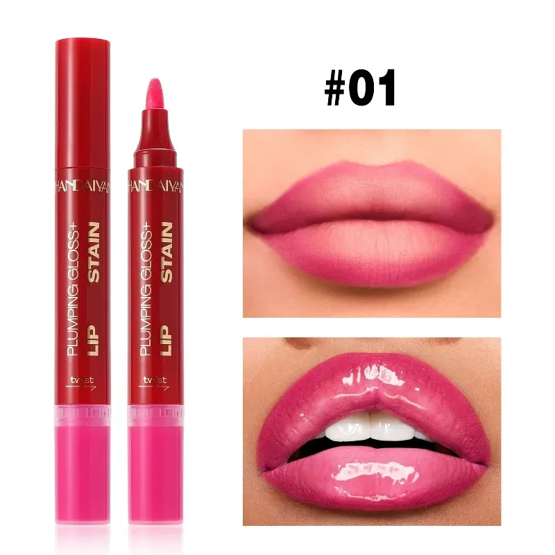 Double-headed Liquid Lip Gloss Pen Lip Contour Liner Oil 2 in 1 Lip Glaze Long Lasting Moisturizing Plumping Lips Stain Makeup