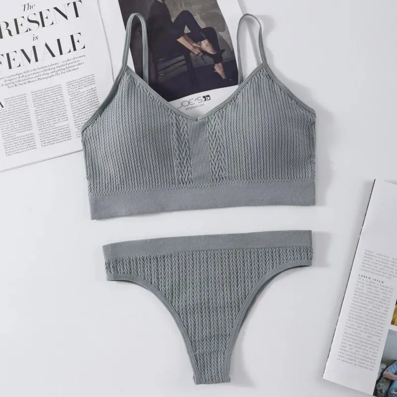 Women Seamless Bra Panties Set Push-Up Non-wire Bralette Low-Rise Briefs Sexy Lingerie Female Comfort Rib Sports Underwear Set