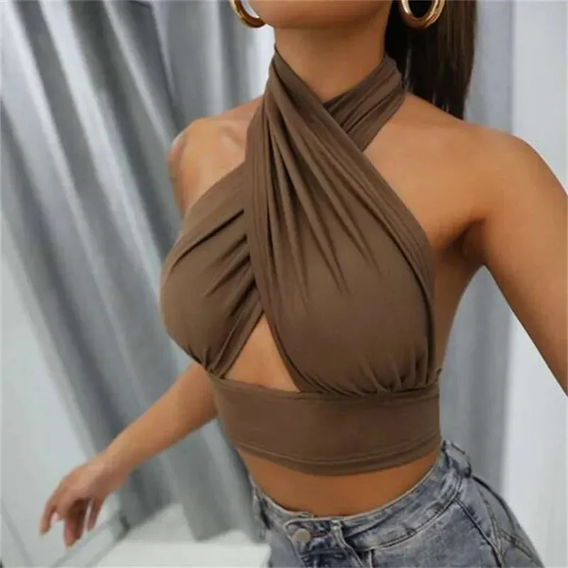 y2k Halter Top Women Summer Clothes Solid Color Sleeveless Backless Vest T Shirt 2000s Aesthetic Clothing Streetwear — image 4
