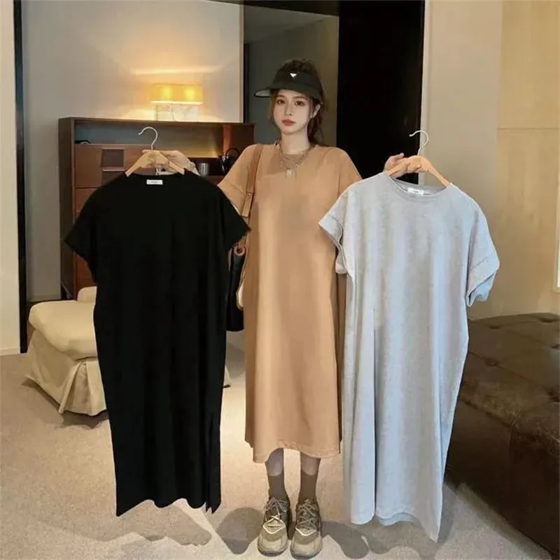 Loose Casual Solid Color Comfortable Dress Loose Large Size Short Sleeved Shirt Dress Summer Home Long Dresses