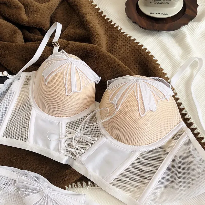 Bowknot Gauze Perspective Sexy Push Up Underwear Set Thick Small Bra Briefs Panties Lengthen Adjustable Intimates Belt