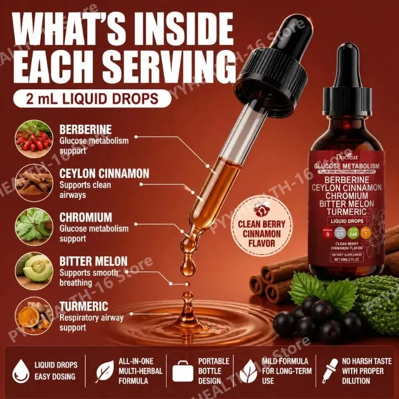 Docteat Glucose Metabolism Liquid Drops with Berberine and Ceylon Cinnamon Supports Smooth Breathing and Clean Airways 60 ML