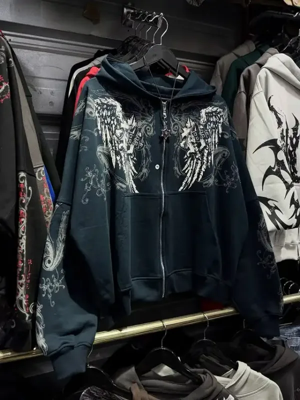 Mens Zip Up Hoodie สีน้ำเงินเข้มปีกพิมพ์กราฟิกที่ไม่ซ้ำกัน Y2K Streetwear American Urban เสื้อสวมหัวเสื้อผ้าเยาวชน Hooded Sweatshirt