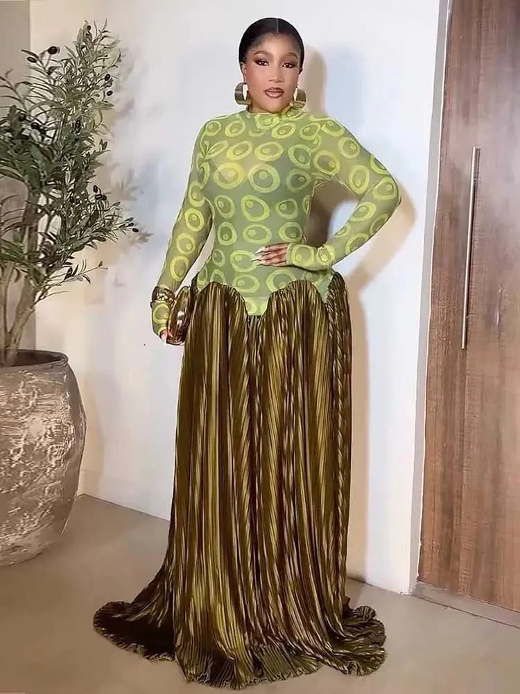 Elegante olijfgroene jurken Maxi-jurk met hoge taille en lange mouwen voor dames Avondfeest Geplooide jurk Stretchstof voor kleding — image 4