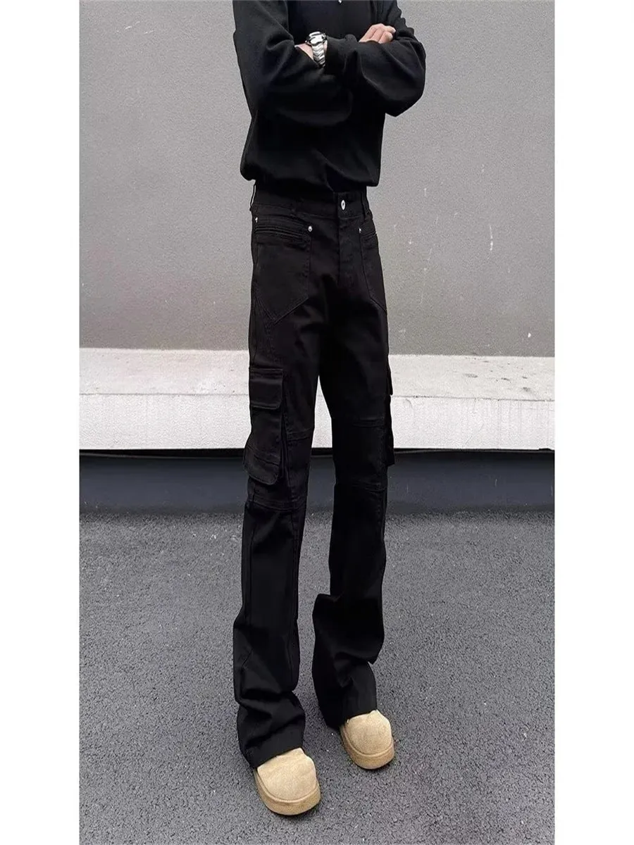 American style Vibe retro heavy industry multi pocket splicing workwear jeans men's straight tube micro flared slim fit long pan