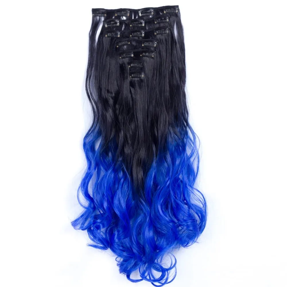 Clip in Long Wavy Synthetic Hair Extension 22 Inch Black 7PCS Thick Hairpieces Fiber Double Weft Hair for Women
