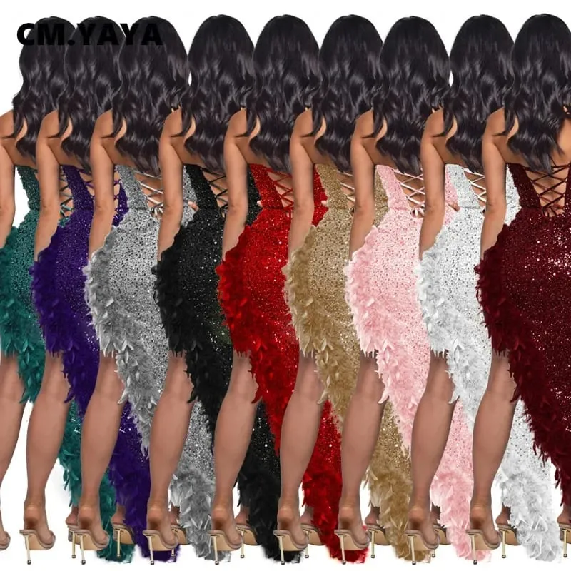 CM.YAYA Women Sequined Strapless Feather High Side Split Strapless Bodycon Midi Maxi Dress Sexy Club Even Party Dresses Vestidos