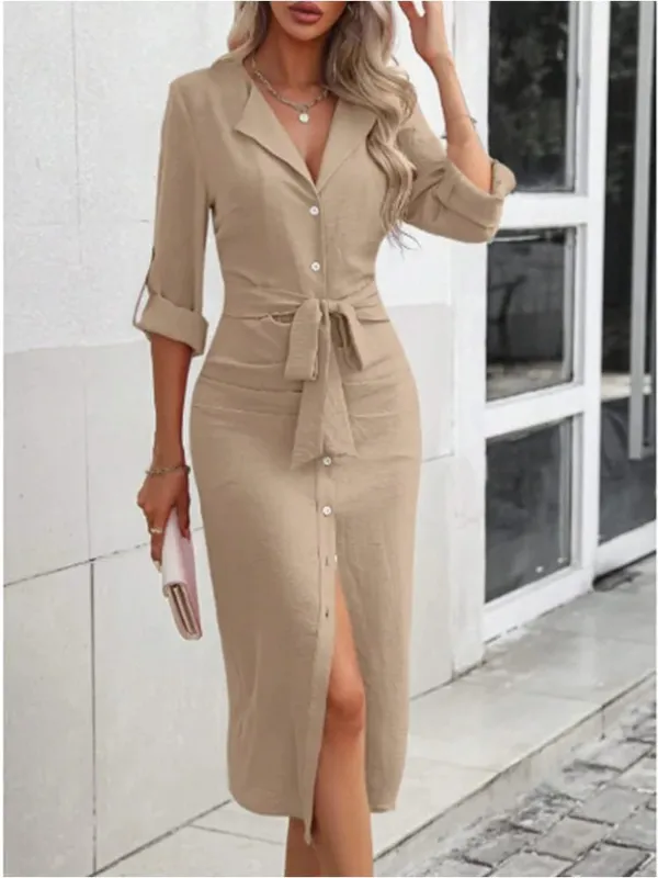 Office Lady V-neck Solid Color Shirts Style Dress Women's Long Sleeved Button Lace Up Dress Elegant Autumn Spring Dresses