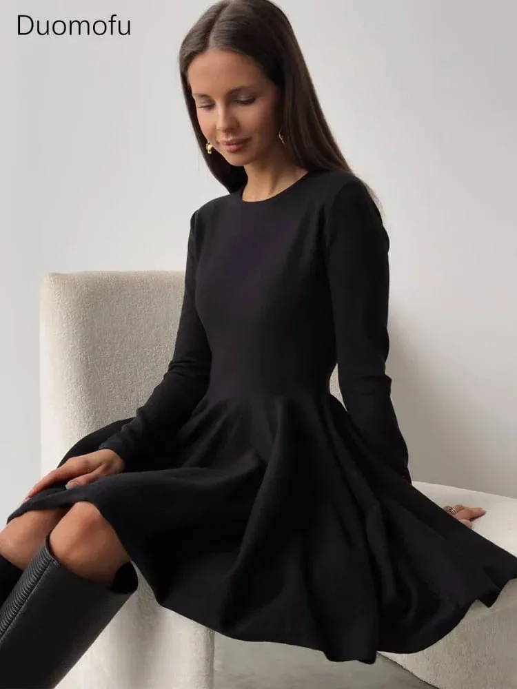 Duomofu Knit Mini Dresses Women Autumn Winter Long Sleeve Sweater Dress Female Elegant Fashion Slim A Line Pleated Dress Vestido