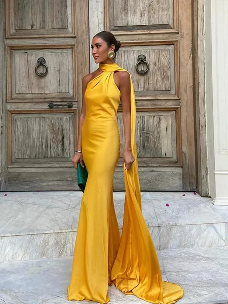 Ribbon Hanging Neck Long Dresses Slanted Shoulder Lace Up Backless Silky Satin Temperament Slim Fit Halter Woman Fishtail Dress