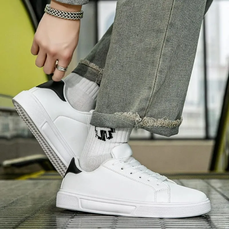 Men's Shoes White Sneakers PU Leather Solid Men Casual Shoes Lightweight Soft Women Vulcanized Shoes Couple Lace-up Running Shoe