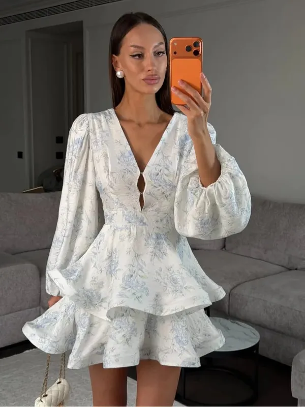 Elegantní minišaty s květinovým potiskem, dámské, elegantní, výstřih do V, plné rukávy, jednořadové, úzké, krátké šaty do áčka 2026 Dámské společenské róby