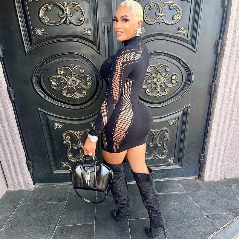 Vrouwen Sexy Hollow Out Mini Jurk Mesh Lange Mouw Naadloze Party Clubwear Bodycon Uitsparing Mini Jurk