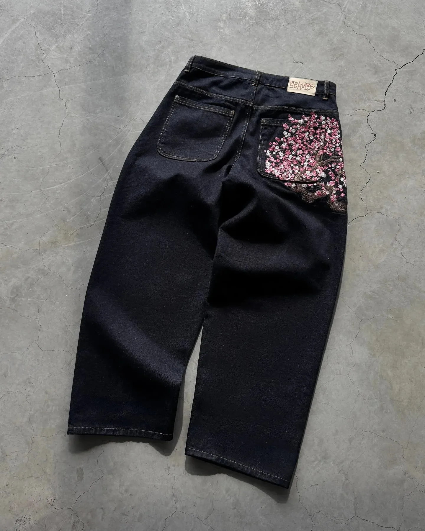 Harajuku Patchwork Cherry Blossom Embroidery Denim Pants Y2k Vintage Women Baggy Straight Wide Leg Jeans Street Men Clothes