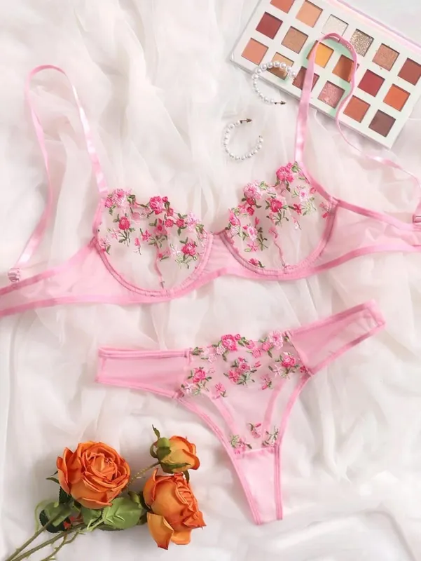 Conjunto de sujetador y bragas de lencería de encaje sexy, ropa interior para mujer, conjunto de Bralette con bordado de flores