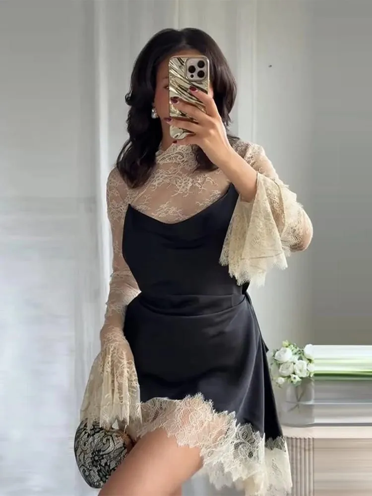 優雅緞面花卉蕾絲拼接迷你連身裙女式不規則下擺長袖連身裙女士 2026 年別緻晚會背心