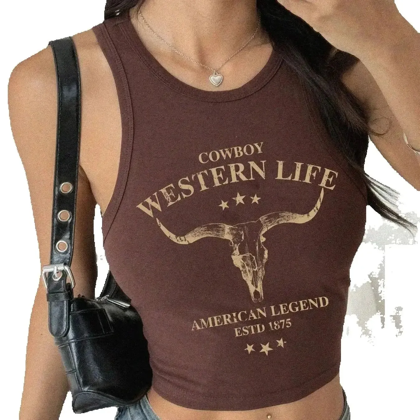 Ladies' Cow Head Bone Slogan Printed Brown Tone Tank Top Sleeveless Commuter Inner Wear Outer Wear Spicy Girl Street Casual Top0