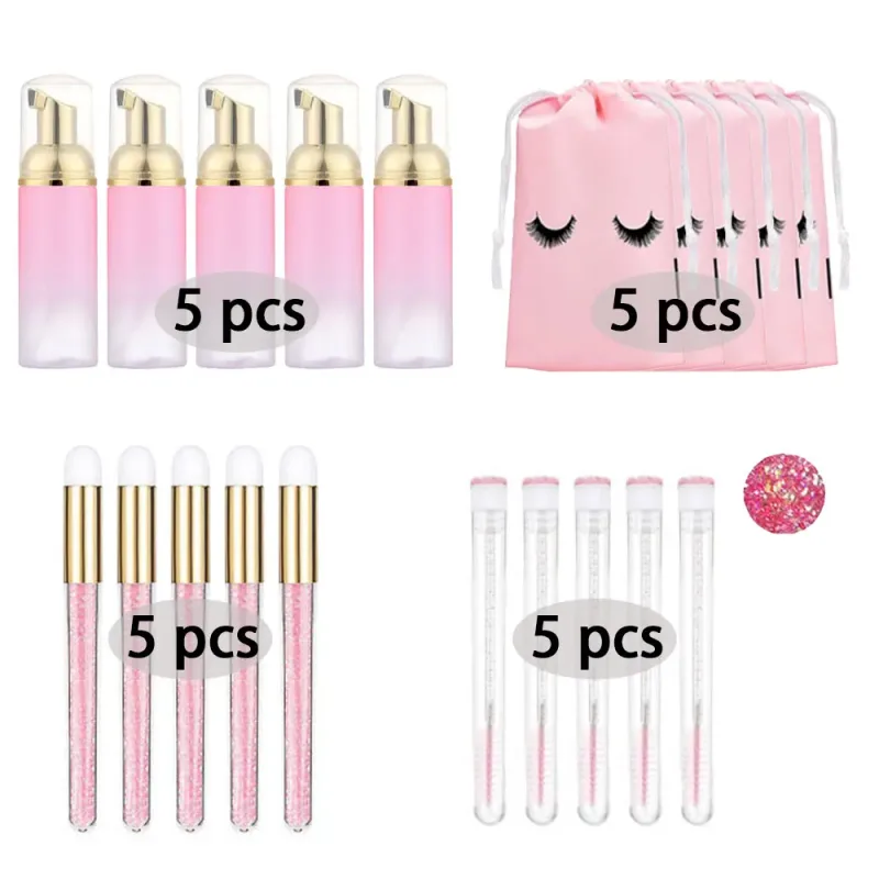 60ml Refillable Empty Plastic Pump Bottle Lash Extension Cleaning Kit Long Rod Brush Lash Curler Dust Tube EVA Storage Bag Tools