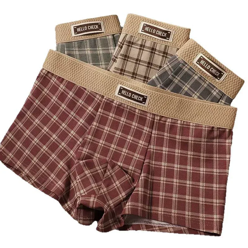 Quần Short Boxer Retro In Họa Tiết Ca Rô 4 Món, Đồ Lót Mềm Mại, Thoải Mái, Thoáng Khí, Quần Lót Boxer Không Đường May Cho Nam