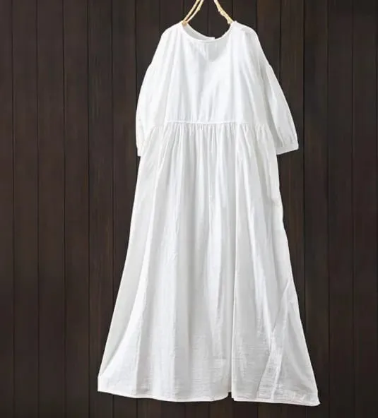 Johnature Women Vintage Cotton Dresses O-Neck Half Sleeve Soft Solid Color Robes 2025 Summer New Casual A-Line Female Dress
