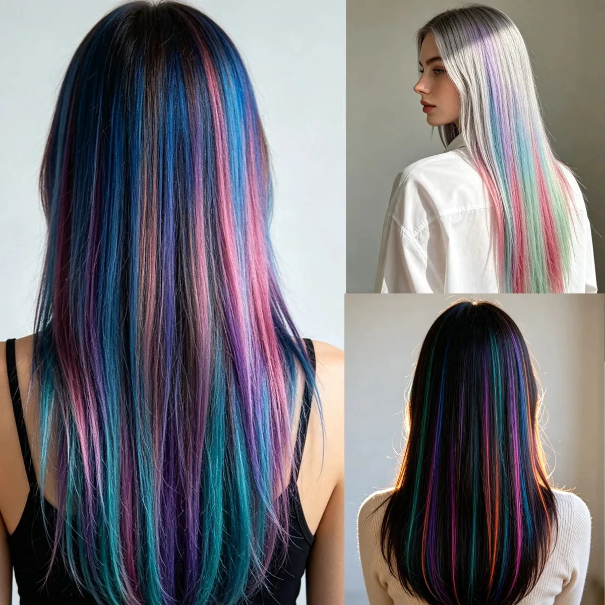 สีสังเคราะห์คลิปในส่วนขยายของผมตรงไฮไลท์ผมริ้วสายรุ้งแขวนผมชิ้นวิกผมสำหรับผู้หญิงพรรค