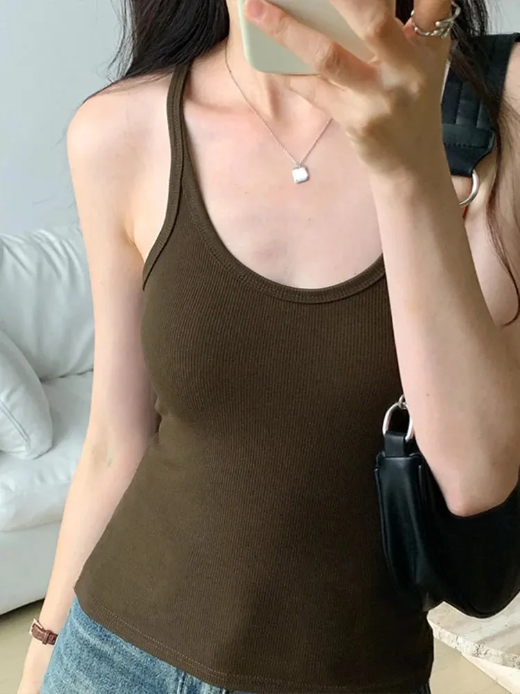 Summer New Solid Color Simple Women's Tanks Slim Casual Fashion Female Top Apricot Dark Grey Dark Coffee Black Tanks