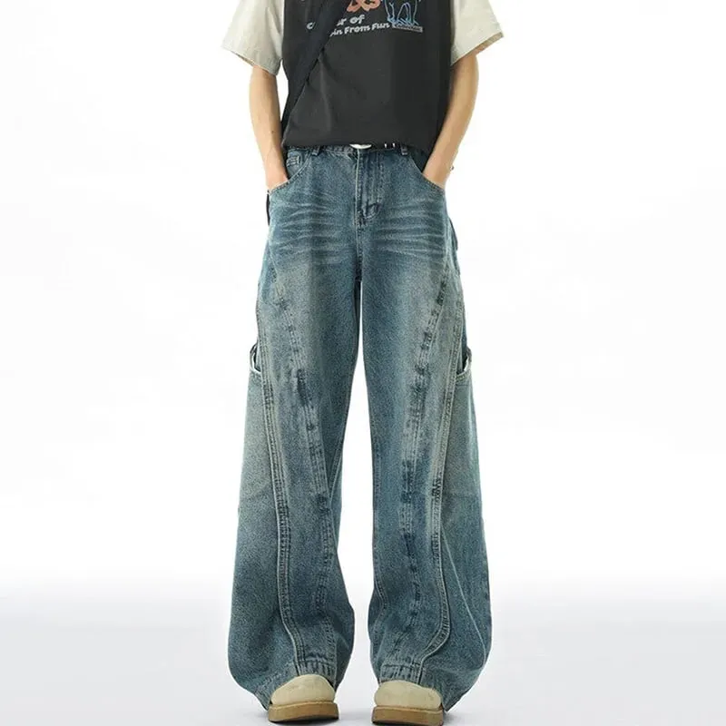 Korean Version Men'S Curved Knife Jeans With Loose Retro Design Straight Leg Pants Casual Large Pocket Wide Leg Pants