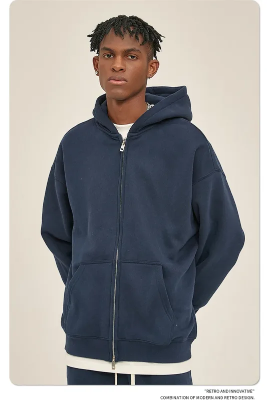 New Men Double Headed Zipper Fleece Hoodies Unisex Loose Basic Solid Warm Hooded Sweatshirts Coats For Winter HY0633