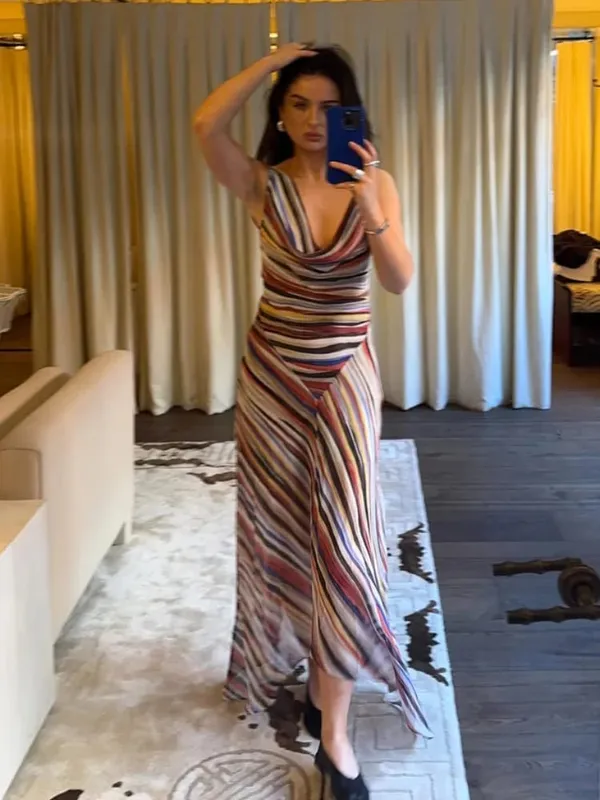 Sleeveless Striped Spaghetti Strap Dress Women Chic Irregular V-neck Sleeveless Slim Long Vestidos Lady Holiday Daily Dresses