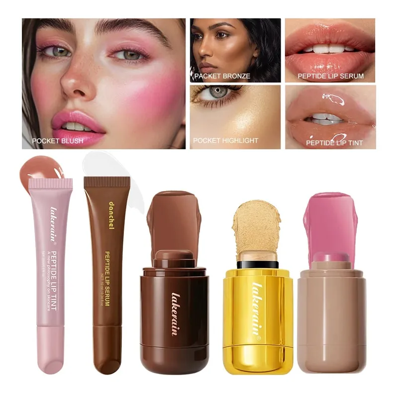 5pcs Face Makeup Set Bronzer Cream Contour Highlighter Blush Stick Transparent Tinted Moisturizing Lip Glaz Cosmetic For Women