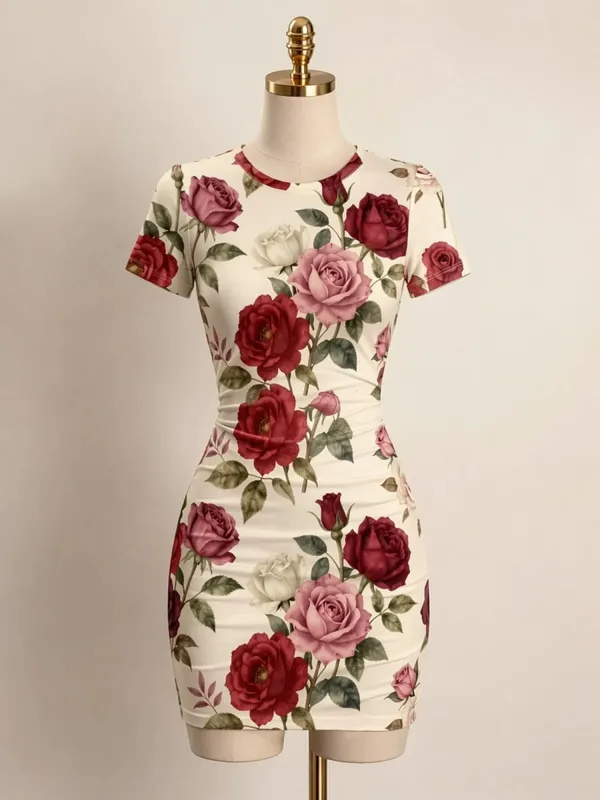 Mulheres manga curta bodycon mini vestido fino ajuste tripulação pescoço floral impressão casual festa de verão bonito elegante suave férias vestido de verão — image 7