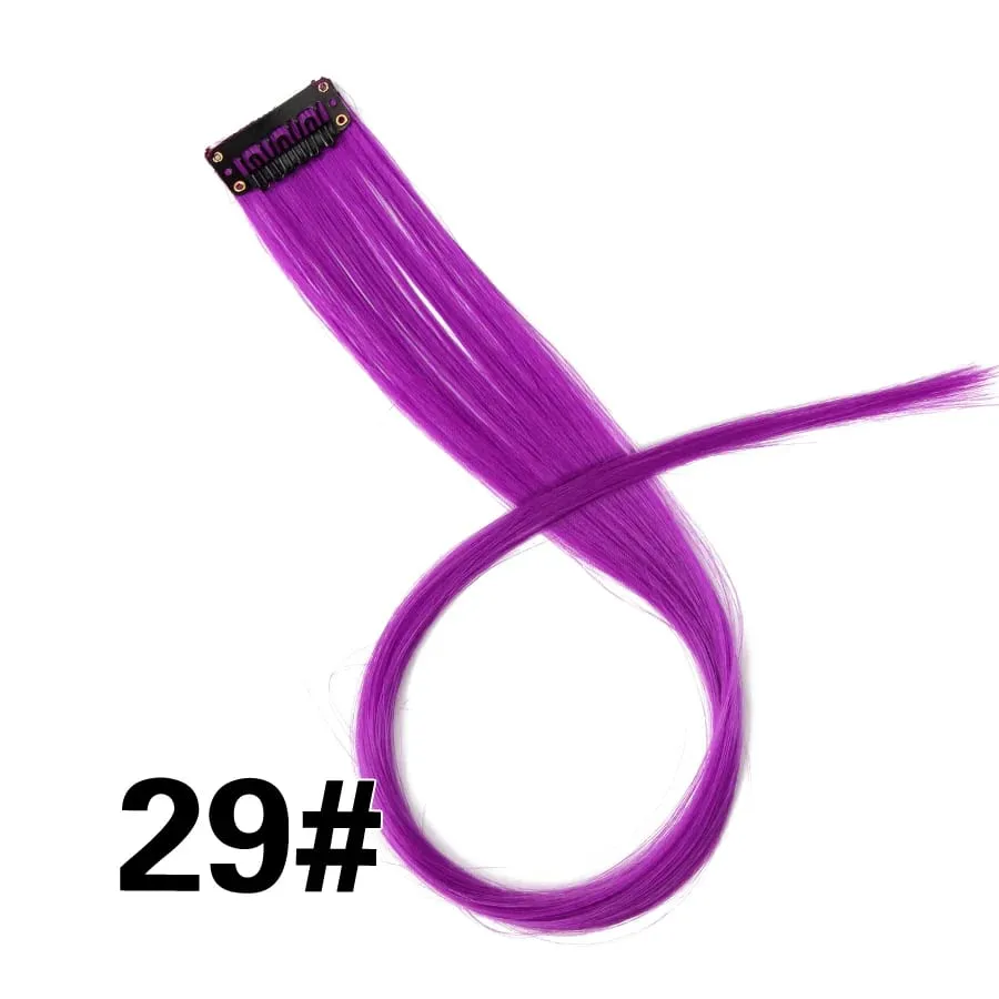 Lige farvet hårstykke Hair Extensions Clip In Highlight Regnbuehår Pink Blå Lilla Syntetisk på klips til kvinder piger — image 35