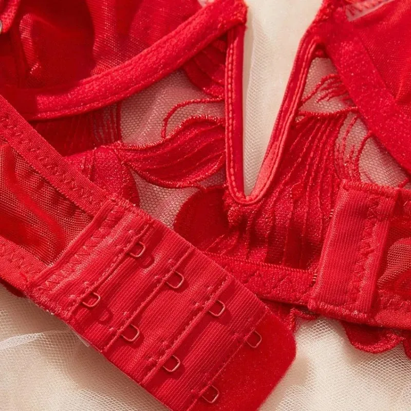 Frauen Rot Floral Spitze Dessous Set Sheer Bügel Dünnen Bh Passenden Tanga Höschen Sexy Hohl Dessous