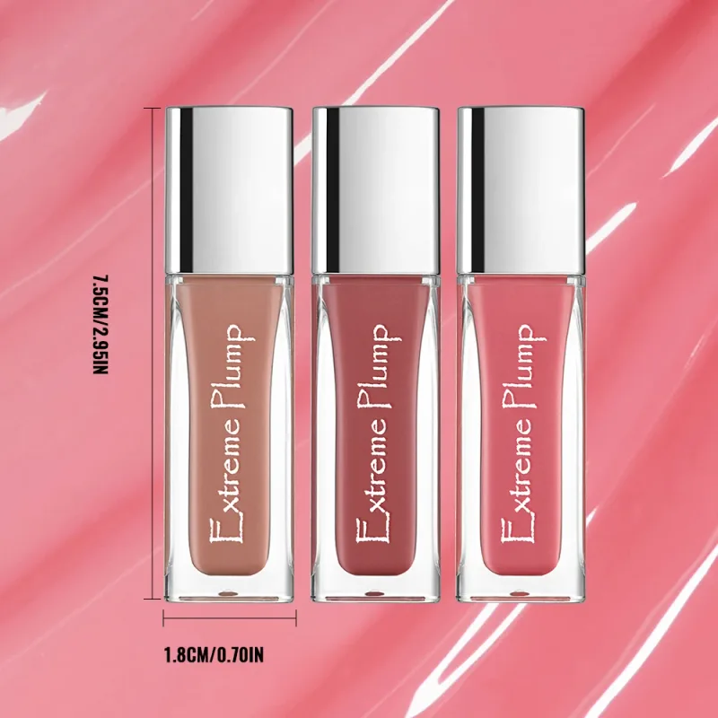 3Pcs Extreme Plump Lip Gloss Set Mirror Glass Finish Long Lasting Hydrating Lip Glaze Non-sticky Waterproof Nude Liquid Lipstick