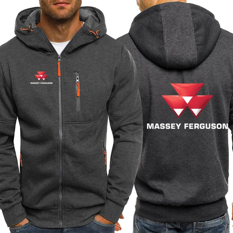 2025 Spring Autumn Massey Ferguson Print Popular Solid Color Zip Hooded Jacket Men's Trendy Comfortable Loose Drawstring Hoodies