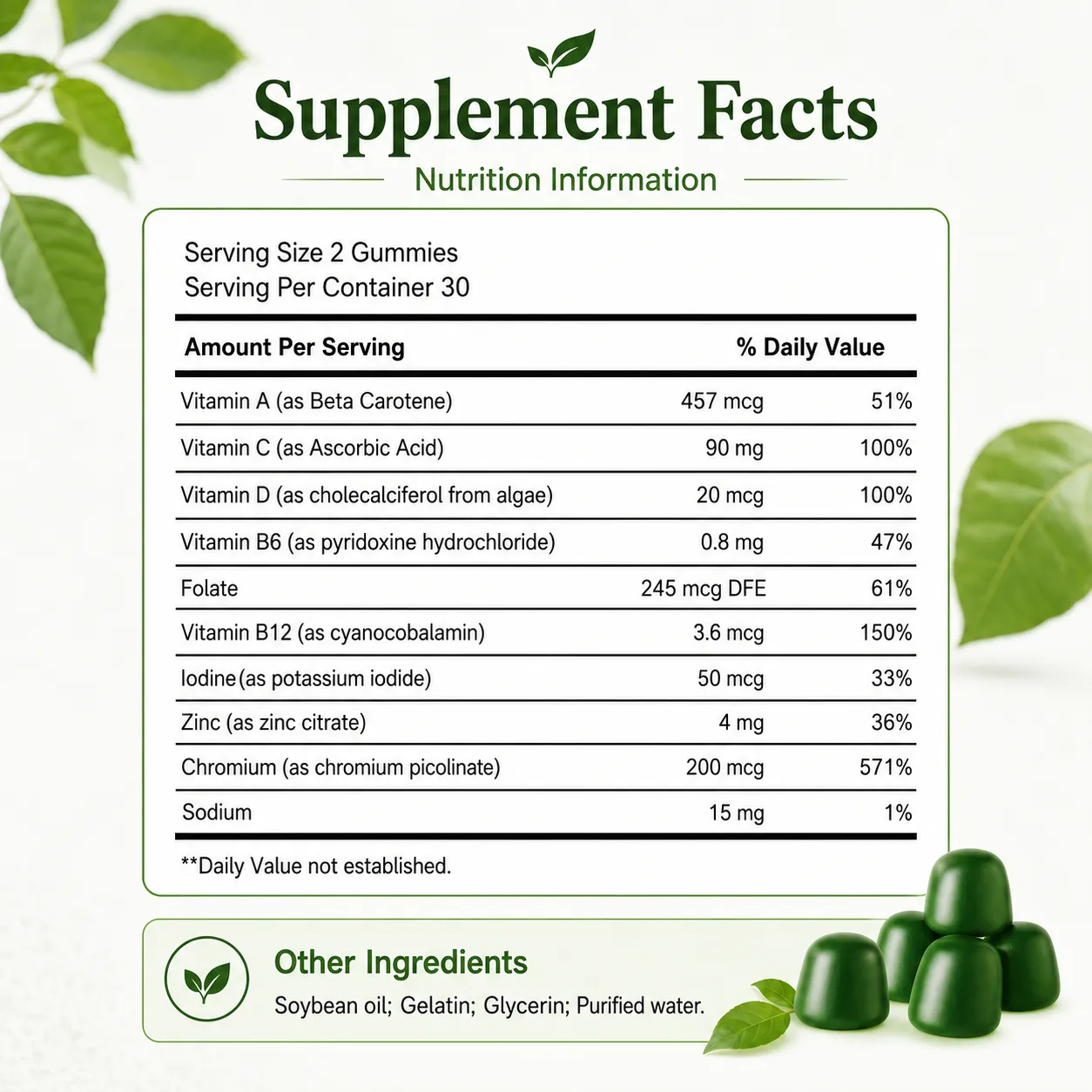 Super Green Superfood Gummies Multivitamin Vitamin A C D Chromium Antioxidant Immune Health Calcium Absorption 12 Servings