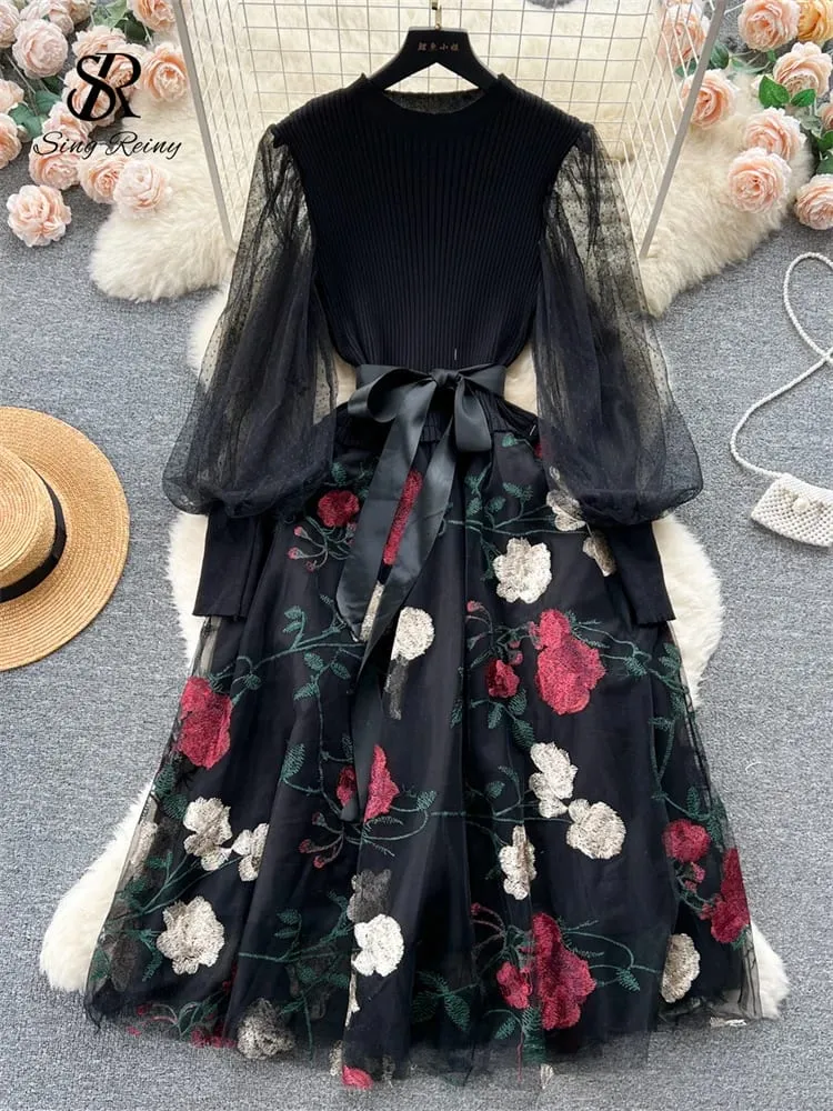 Senior Knitted Patchwork Dress Long Lantern Sleeves Bow Mesh Embroidery Floral Women Autumn France Elegant Party Dress — image 3