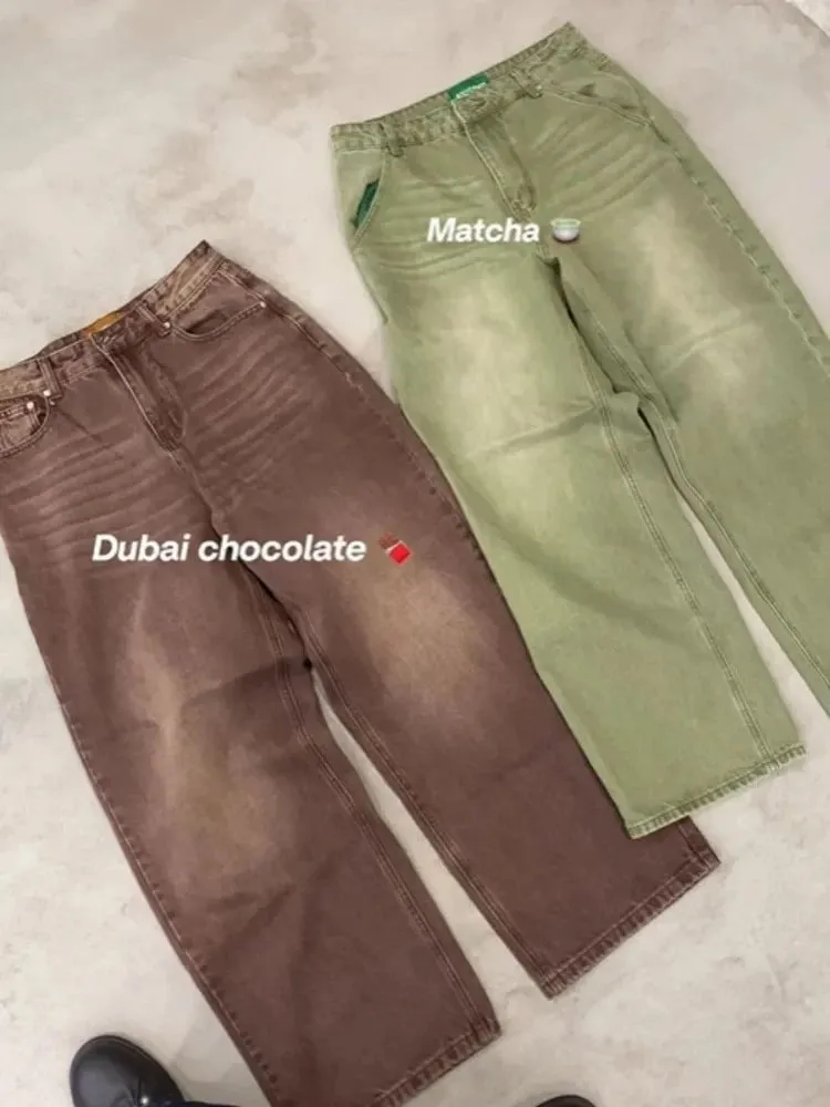 Mens Straight Leg Wide Leg Casual Streetwear Fashion Jeans Matcha Green Washed Gradient Denim Pants Harajuku Unisex Loose Fit