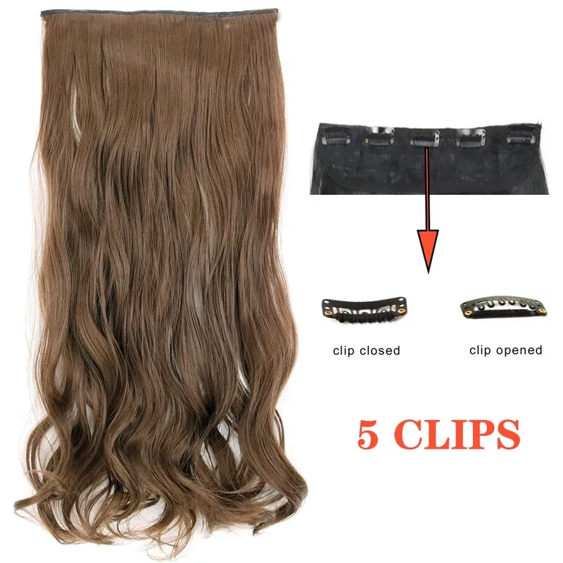 Synthetic Long Wave 5 Clips Hair Extensions Clips in High Temperature Fiber Black Brown Hairpiece